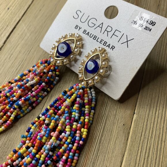 SUGARFIX by BaubleBar Multicolored Evil Eye Beaded Tassel Drop Gold Earrings - Picture 2 of 4